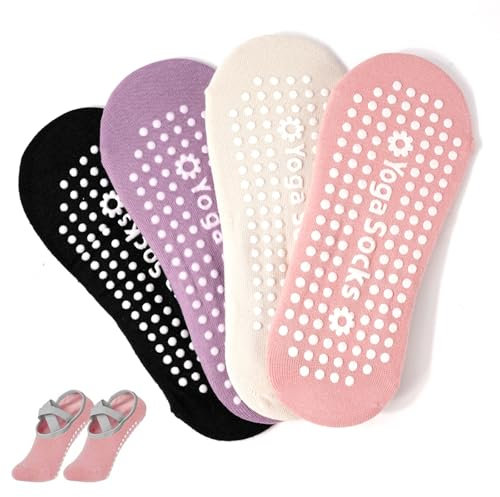 4 Paires Chaussettes Yoga Antidérapantes Femme Chaussette Pilates en Coton Taille 36-39 avec Poignées pour Femmes, pour Danse, Ballet, Fitness Spor
