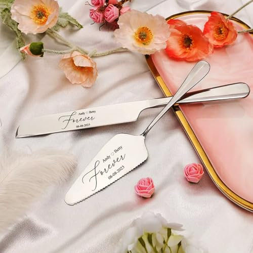 Juego De Servicio De Pastel Personalizado, Juego De Corte De Pastel De Boda Personalizado, Juego De Corte De Postre De Texto Personalizado Grabado, Inauguración De La Casa, Favores De Boda(Silver)
