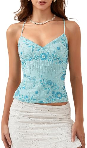 Amiblvowa Women Y2K Sequin Cami Top Sexy V Neck Open Back Criss Cross Straps Tank Cute Sparkle Backless Low Cut Summer Crop Tops Trendy Sparkly Embellished Beaded Shimmer Going Out Tops Blue