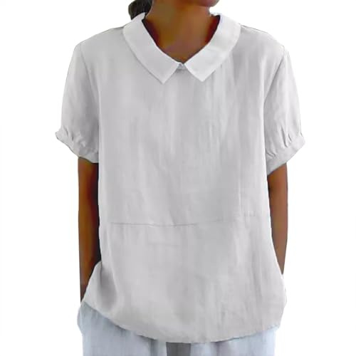 Chemise en coton et lin pour femme, col claudine, manches volantées, confortable, ample, vêtements d'été décontractés et mignons, blanc, M