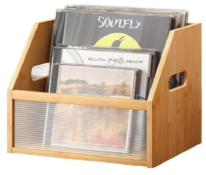 Laneryin Vinyl Record Storage Crate, Multifunctional Visible Record Holder with Handle, Vintage Bamboo Album Holder for Collector, Store, Home, Artistic Space - Wood Color