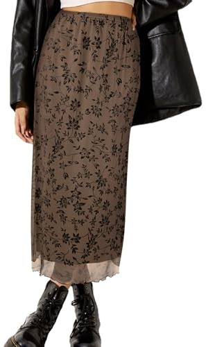 Avanova Women's Ditsy Floral High Waisted Skirts Lettuce Trim Summer Fall Boho Midi Skirt Brown Floral Medium