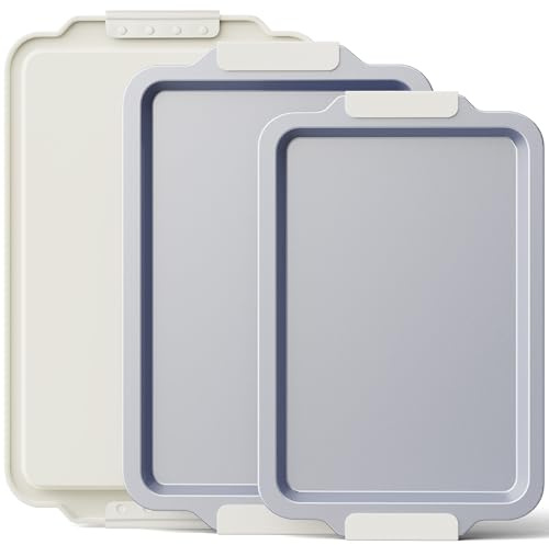 HONGBAKE Non Stick Ceramic Baking Tray Set of 3, Heavy Duty Aluminized Steel Oven Trays - PFOA/PTFE Free Baking Sheets for Oven with Silicone Handles, Professional Bakeware Set