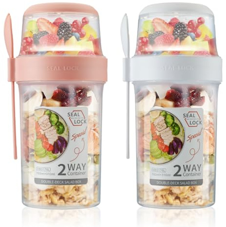 Overnight Oats Jar (760ml+310ml), 2 in 1 Reusable Granola Yogurt Pots | 2 Pcs Leakproof Overnight Oats Containers, with Lid and Spoon, Breakfast Cereal Cup On The Go, for Picnic Travel Work School