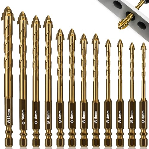 12 Pièces Foret Carrelage, Foret Diamant Dent de scie à quatre cannelures Ø 3-12 mm, Meche Carrelage Hexagonal, pour Verre, Métal, Briquep, Plastique, Bois