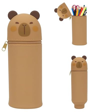 BOYIFEIJIE Kawaii Federmäppchen,2-in-1 Weichem Silikon Stiftemäppchen, Cartoon Stifthalter, Stand Up Reißverschluss Federmäppchen, Kawaii Federmappe für Schulbeginn Mädchen Jungen-Capybara