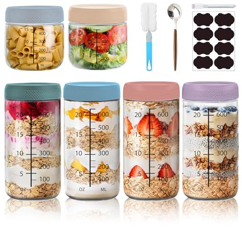 TOHADRILL 6 stycken konserveringsburkar 750 ml + 500 ml, måleriburkar med sked, övernattningsburkar med rengöringsborste, förvaringsburkar med lock, för övernattningsoats, sallad, yoghurt, gröt