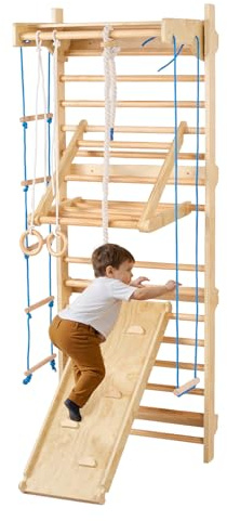 VEVOR schwedisches Leiterwand, 8 in 1 15-stufiges Indoor-Klettergerüst, 100 kg belastbares Wand-Stangen-Kletterspielset mit Wandleiter Rutschbrett Klimmzugstange Turnringen Schaukelsitz Strickleiter