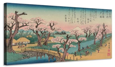 Generico Utagawa Hiroshige – Paesaggio con ciliegi in fiore e ponte di primavera – quadro stampa su tela con telaio in legno - 140x70 cm