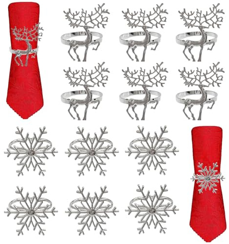 12 Stück Serviettenring Silber, Servietten Ringe, 6 Schnee Flocke Rentier Napkin Rings, 6 Schneeflocke Metall Serviettenschnallen für Party Tisch Dekoration Zubehör (Silber)