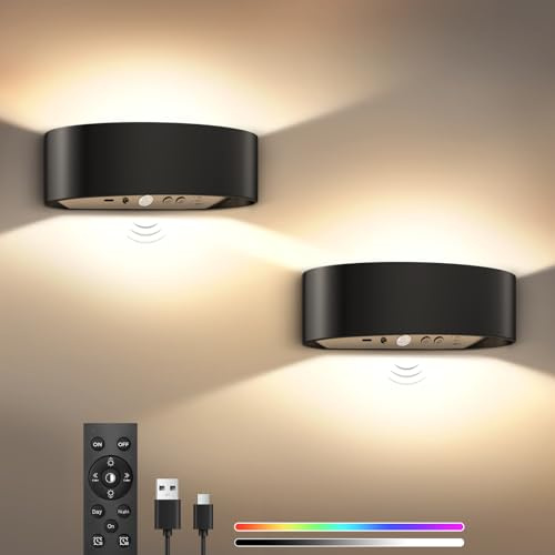 ToyGlee Motion Sensor Wall Sconces Set of 2, Rechargeable 5000mAh Battery Operated Wall Light with Remote Control, 15 RGB and 3 Colors Dimmable, Up and Down Wireless Wall Mount Light for Hallway Stair