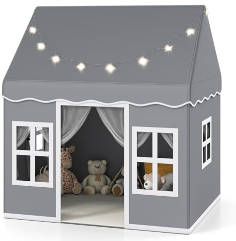 COSTWAY Kids Play Tent, Indoor Large Playhouse with Star Lights, Non-slip Mat and Windows, Castle Fairy Tents for Children Boys & Girls Gift (Grey+White)