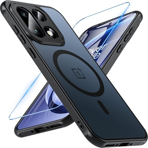 Hensinple Magnetic for OnePlus 15 Case, with OnePlus 15 Screen Protector, [Compatible with MagSafe] Translucent Matte Shockproof Military Grade Protection Cover Phone Case for OnePlus 15 5G(Black)
