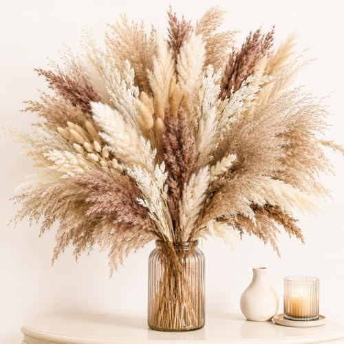 Modurio 128 Pcs Artificial Pampas Grass Decoration, Dried Flowers for Vase, Pampas Grass Decor Bouquet, Crafts & Home Decor, Ideal for Weddings & Living Rooms & DIY Arrangements