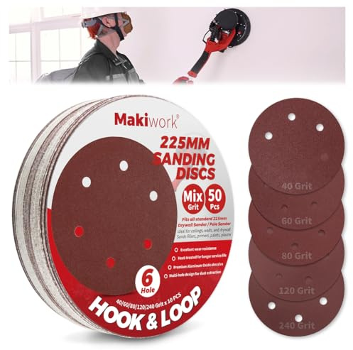 Makiwork - Set di 50 dischi abrasivi con velcro da 225 mm, 6 fori - Carta vetrata in ossido di alluminio 10 x P40/P60/P80/P120/P240 per levigatrice a secco, rimozione di vernice, lavorazione del legno