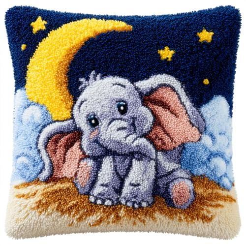 Taxpy Knüpfpackungen Für Anfänger, Tiere, Elefanten und der Mond Kreuzstich Knüpfkissen, Kissen Knüpfset, Knüpfen Kissen Knüpfen Handarbeit Knüpfkissen Diy Set 43x43cm
