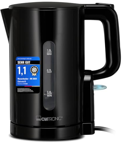 Clatronic® Wasserkocher 1L | 900W | BPA frei | Einhandbedienung | Wasserstandsanzeige | Kettle | Überhitzungsschutz | WK 3834 schwarz