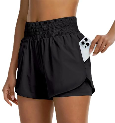 Dreaku Womens 2 in 1 Running Shorts with Pockets, High Waisted Ladies Gym Shorts, Lightweight Women's Sport Activewear for Running, Hiking, Workout