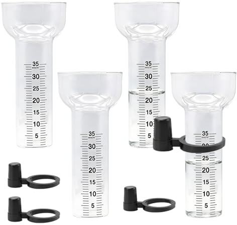 BORDEAG Pluviometre: Set di 4 35 mm Pluviometro da giardino, resistente alle intemperie, in vetro con supporto e segni chiari per la decorazione del prato della terrazza (trasparente)