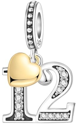 PANPOKI Zahl Charm für Armband & Halskette, Sterling Silber 925 mit Zirkon & 18K vergoldetem Herz, Geschenk für Jubiläum, Geburtstag, Alter (10 13 15 16 18 20 21 25 30 40 50 60)