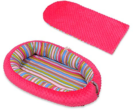 Velinda Kuschelnest Babynest Babynestchen Nestchen Reisebett Wickelauflage Kuschelbett (Muster: Bunte Streifen 1 - rosa)