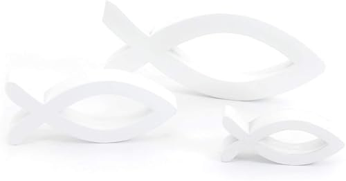 Oblique Unique 3er Set Deko Fische Weiß aus Holz – Moderne Tischdeko für Taufe, Kommunion, Konfirmation & Firmung – Holzfische Selbststehend als Christliche Symbole & Streudeko – 3 Größen