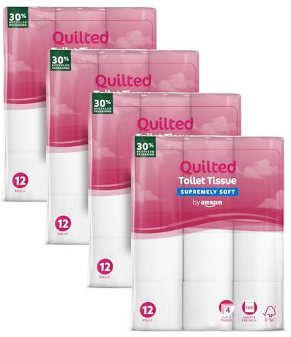by Amazon Papier Toilette, 4 Épaisseurs Matelassé, Douceur Suprême, 48 Rouleaux (4 Paquets de 12), 160 Feuilles par Rouleau, Certifié FSC