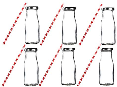 HTUK Retro Milk Bottle Drinking Glass Set Of 6 With Reusable Straws & Silver Lids Reusable Vintage Dairy Bottle Clear Beverage Glassware 310ml