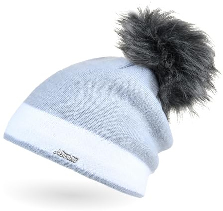 Neverless Damen Strick-Mütze gefüttert mit Fell-Bommel Kunstfell Winter-Mütze Feinstrick Glitzer-Garn Bommelmütze