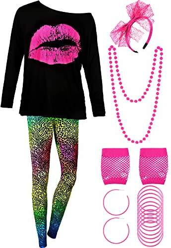 Blulu Juego de Disfraz de Mujeres de los Años 1980, T-shirt, Pantalones Legging Pendientes Collar Guantes Pulsera (Manga Larga, M)