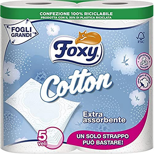 FOXY COTTON Paquete de 4 Rollos de Papel higiénico de celulosa virgen con 5 capas de fibras de algodón extra absorbente, suave y resistente, clínicamente probado, con 120 hojas 7 x 7 x 7 cm, Blanco