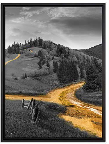 Pixxprint Verträumte Berglandschaft schwarz, weiß Leinwandbild 80x60 cm im Bilderahmen, Wandbild, Schattenfugenrahmen, Kein Poster
