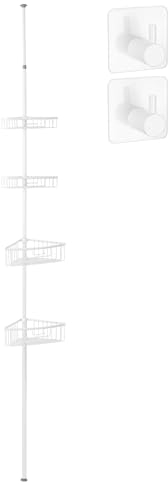 smartpeas Teleskop-Duschablagen ohne Bohren – 4 Körbe – Größe verstellbar von 76 bis 280 cm – gummierte Endkappen – pulverbeschichteter Stahl mit weißer Optik + 2 Selbstklebende Haken