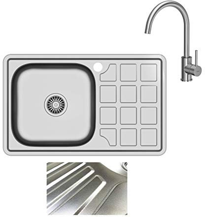 VBChome Inbyggd diskbänk med armatur 78 x 48 linnestruktur från 50 underskåp rostfritt stål diskbänk diskbänk förvaringsyta dränering fyrkantig camping avloppsset sifon vattenkran Inox rostfritt stål