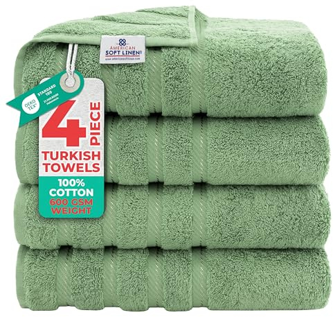 American Soft Linen, 4 Piece Bath Towel Set, 100% Turkish Cotton 27 in 54 in Bath Towels for Bathroom, Soft Absorbent Bath Towels Extra Large, Hotel Quality Quick Dry Shower Towels, Sage Green