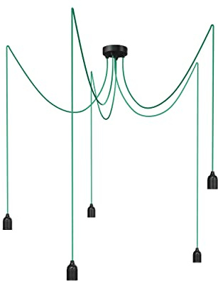 Relight Pendelleuchte 5-flammig Kraken (höhenverstellbar), E27 Lampenfassungen aus Bakelit, 5x 1.5 Meter Textilkabel Grün