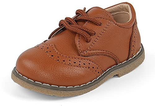 MASOCIO Boys Girls Toddler Kids School Shoes - Boy Girl Wedding Party Dress Lace Up Flat Shoes Infant Size 6 UK Child Brown