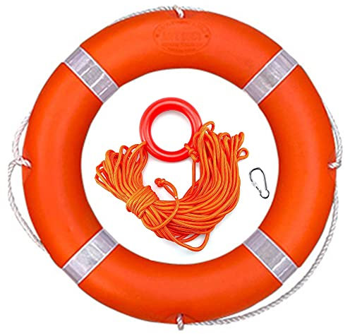 Bootswurfringe, 58,4 cm, Rettungsring mit fluoreszierendem reflektierendem Streifen, für den Außenbereich, professioneller Wasserschwimmring, mit orangefarbenen Haltegriffen (8 mm x 20 m)