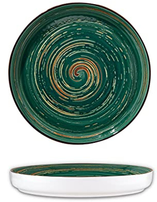 Wilmax Speiseteller 28 cm Porzellan, Essteller mit hohem Rand, Grün | Spülmaschinenfest, mikrowellen- & backofengeeignet – kratzfeste Glasur, dekoratives Spiral-Design