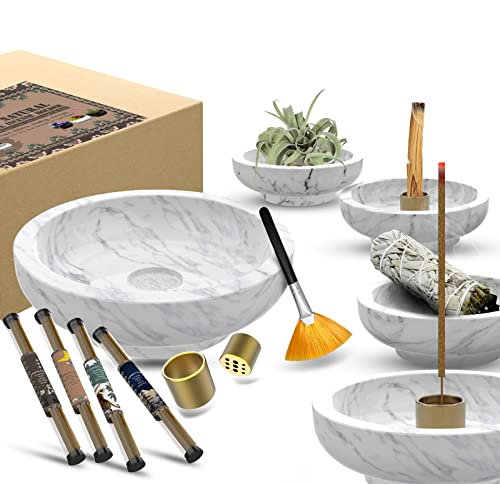 Porta Incienso, Quemador Palo Santo, 6-In-1 Multifuncional Mármol Soporte Espiral Antimosquitos para Incienso Cono con Incienso como Regalo Quemadores De Incienso (Blanco Gris)