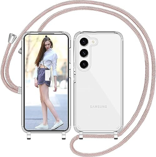 Nupcknn Handykette für Samsung Galaxy S23 Hülle mit Band,Ultra Dünn Transparent Handyhülle (Abnehmbar) Necklace mit Kordel zum Umhängen Kameraschutz Handy Kette Stossfest Schutzhülle(Rosegold)