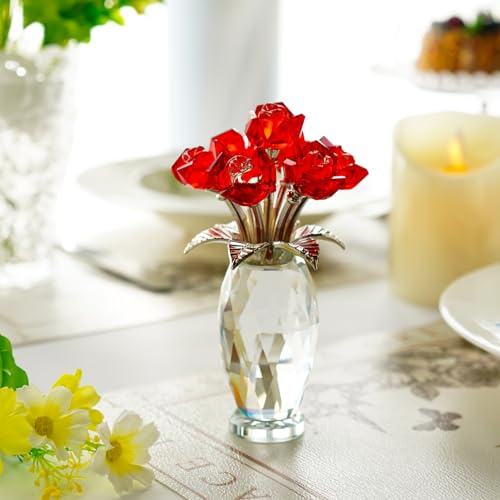 H&D HYALINE & DORA Rote Kristall Rosenfigur, Glasblumenstrauß Geschenke für Frauen,handgefertigte Kristallblume Sammlerstück, Heimtischdekoration für Valentinstag, Hochzeit