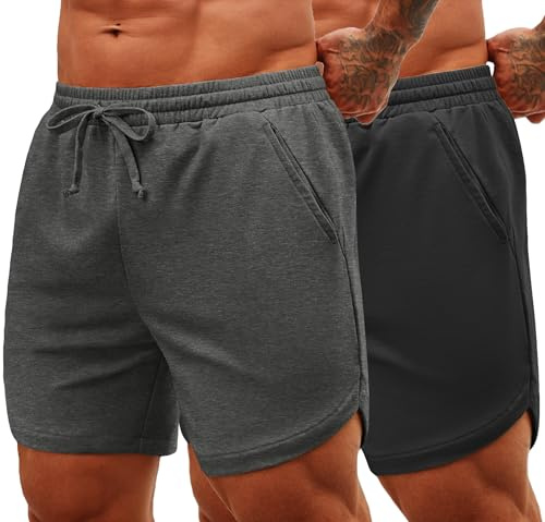 COOFANDY Men's Sweat Shorts 2 Pack 7 Gym Workout Drawstring Jogger Shorts with Pockets Dark Grey Gray Black