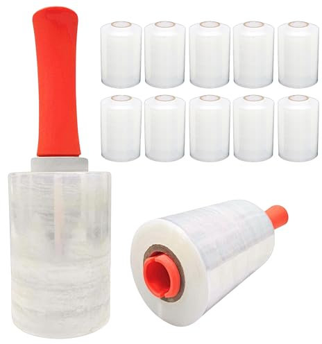Mini-Hand-Stretchfolie in Industriestärke, mit 2 Kunststoffgriffen, 60 Gauge dick, 12,7 cm x 300 m Rolle, Schrumpffolie für Umzugspaletten, Kunststofffolie zum Verpacken, strapazierfähige