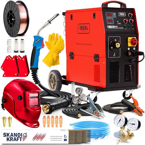 Ideal V MIG 330 4x4 - Soldador Inverter Profesional 330A 400V - Con 4 Rodillos y Chasis Rodante - MMA, Flux - Regulación de Inductividad - Modos 2T/4T, Euroconector - Set Premium