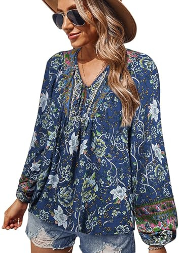 CNTSFS Chemisier pour femme, élégant, décontracté, style bohème, col en V, motif floral, tunique ample à manches longues, été, bleu marine, XXL