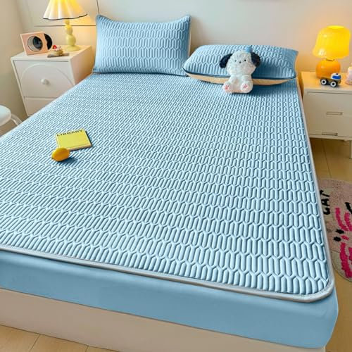 FOREPOTY Atmungsaktivem Spannbetttuch,Sommer Kühle Latex-Bettwäsche, Matratzenschoner Mit Cartoon-Aufdruck Für Kinderzimmer, Bettbezug Für Kinderzimmer,Himmelblau,150 * 200cm (1 Stück)