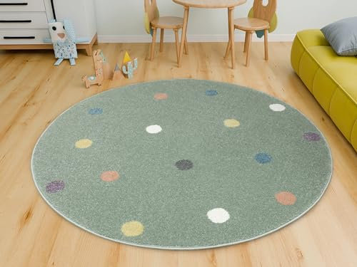 AKCILA Lima runder Kinder Teppich Minze 140 cm, Kinderzimmer Kurzflor Teppiche| Kinderteppich Mädchen| Kids Carpet |Spielteppich Kinder Babyzimmer Tepich |gepunktetes Muster |Wohnzimmer Teppich
