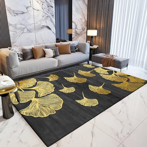 Teppich läufer flur rutschfest Grau-Schwarz-Gold-Ginkgo-Blatt-Muster Waschbarer Anti-Rutsch-Teppich,Dekoration Badezimmer Teppich küchenläufer,60x90cm