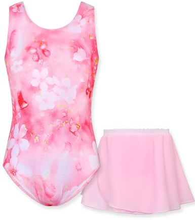 Alikhonf Ballet Leotards for Girl 7-8 Years Old Pink Flowers Active Bodysuit with Pull on Skirt Tumble Class